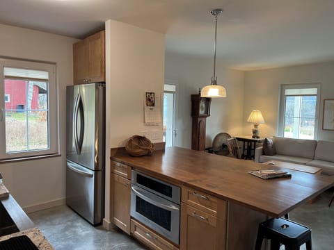 Refrigerator, speed oven, and walnut counter looking into the living area
