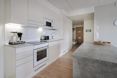 Clean and stylish kitchen design that flows seamlessly into the entryway