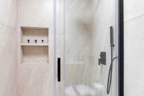 Spacious shower with luxurious fixtures