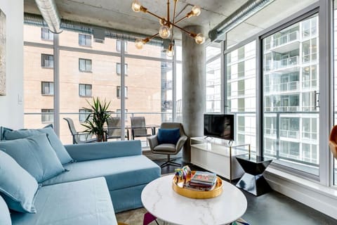 Spacious living area with sofa bed.