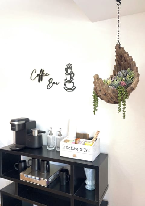 A well-stocked coffee and tea station