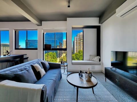 Light, airy living room with smart TV