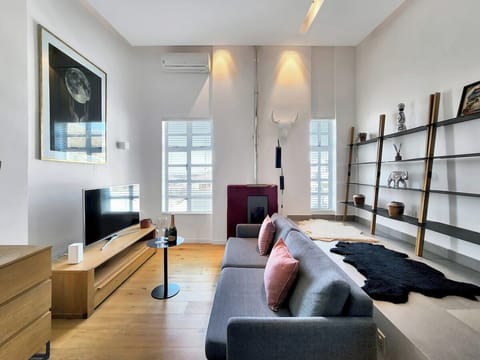 Stylish living room with unique fireplace