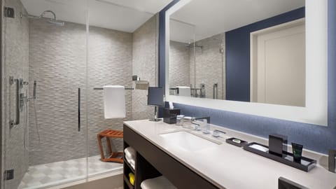 Refresh under a spa-style rain shower with sleek vanity lighting.