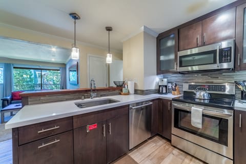 Kitchen opens to bar seating and living area.