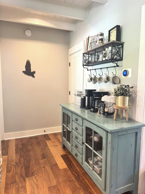Coffee/tea bar, ground coffee and tea provided. Drip and Keurig coffee machines.