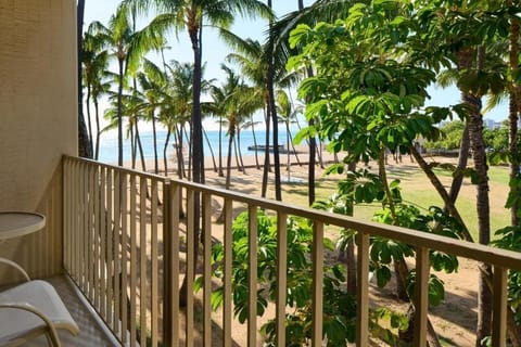 Sip morning coffee with palm-framed views toward the ocean.