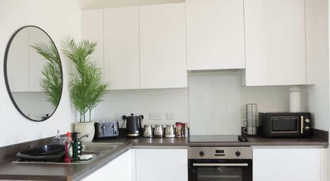 Bright, modern kitchen with sleek white cabinets, black countertops, and built-in stainless steel oven. Equipped with a microwave, kettle, and coffee machine, plus a round mirror and decorative plant for a stylish, welcoming atmosphere.