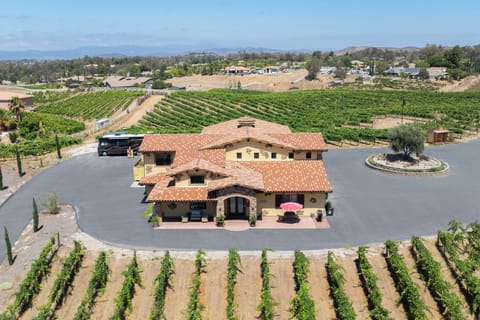An aerial view showcases the Mediterranean-style home surrounded by rolling vineyard rows and expansive countryside.