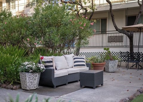 Lounge among blooming planters in a peaceful, private courtyard.