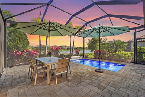 Lakeside lanai, gardens, pool and patio area