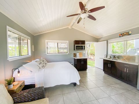 Bright bedroom with kitchenette and open layout.