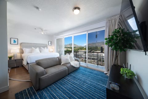 Stylish studio space with California King luxury mattress, luxury sofa and walk-in closet.