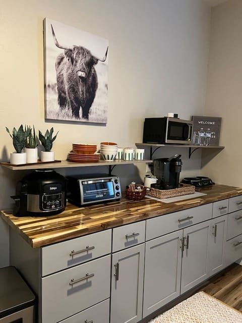 Kitchenette - Stocked with Dishes, Crockpot, Toaster, Microwave, Hotplate, and Coffee Machine