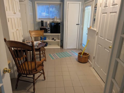 Dining/sitting area, storage closets, minifridge, coffee maker and microwave.