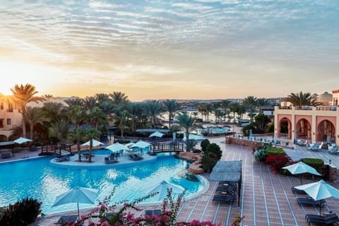 Unwind at sunset beside shimmering pools and swaying palms.