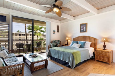 Bright and breezy studio equipped with a queen bed, queen sleeper sofa, and smart TV