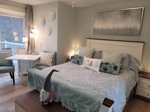 gorgeous room, serene color's, high end linen, everything comforting, books, t.v. soaker tub, you name it we offer it 