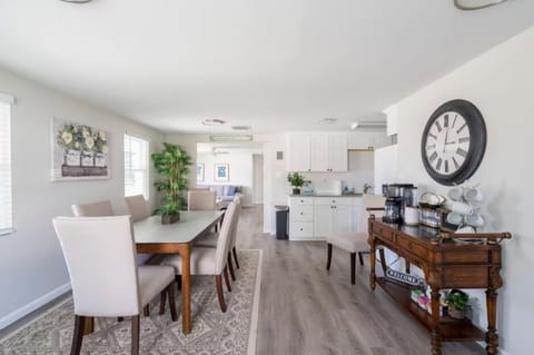 The dining room has a coffee/tea bar