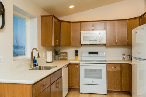 Modern appliances like an electric stove, dishwasher, microwave, and fridge!