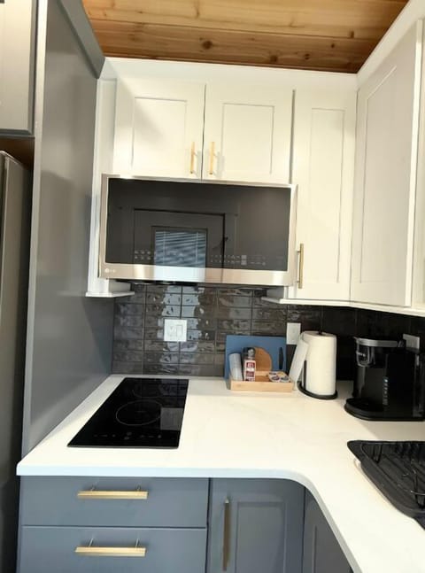 Convection microwave oven and two-burner induction with pots and pans.