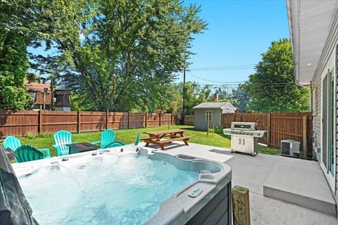 Unwind in our hot tub, available for your enjoyment at any time during your stay