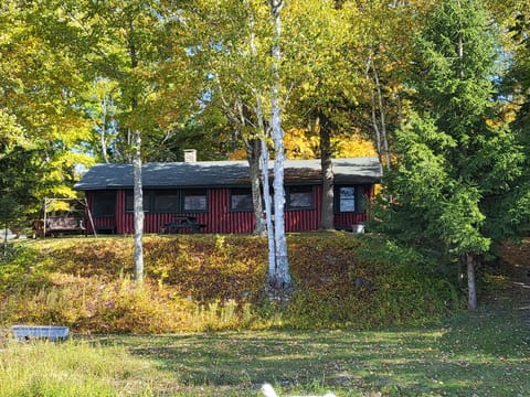 View from lake looking up to cabin.  Bonfire pit is on left.  