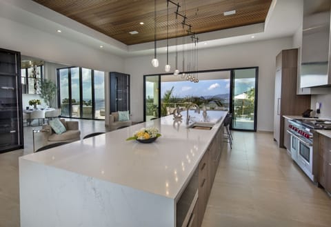 View from kitchen looking out to pool deck and dining area 