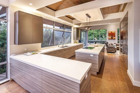 Sleek, modern kitchen with high-end finishes and floor-to-ceiling windows bringing the outdoors in.