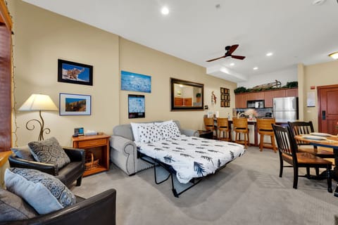 Living room with couch that folds out into a full bed for extra sleeping space.
