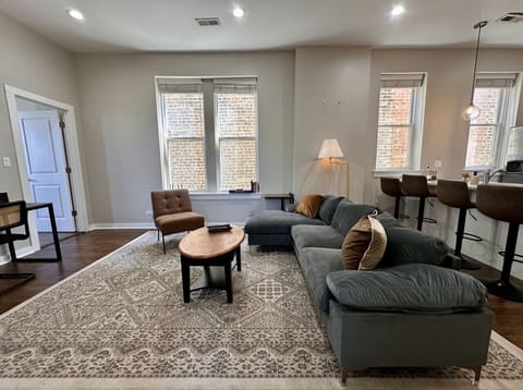 Spacious living room with dedicated workspace