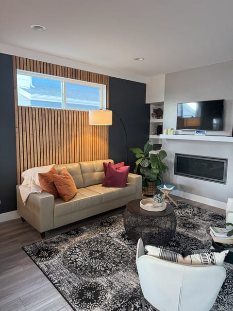 modern living room with gas fireplace