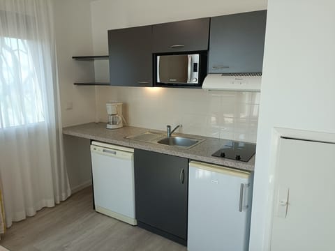 The sleek kitchen is designed for efficiency, featuring essential appliances, a clean countertop, and a welcoming atmosphere.