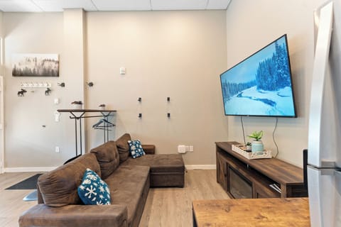 The living area offers a queen sleeper sofa and large mounted smart TV.
