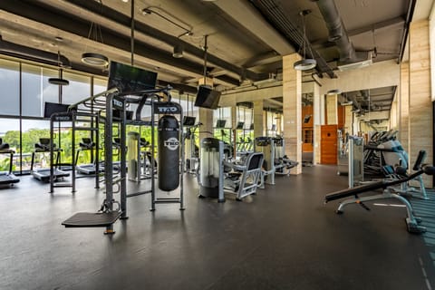 The fully equipped gym is located just above the lobby, offering a convenient and air-conditioned space to stay on top of your workouts.