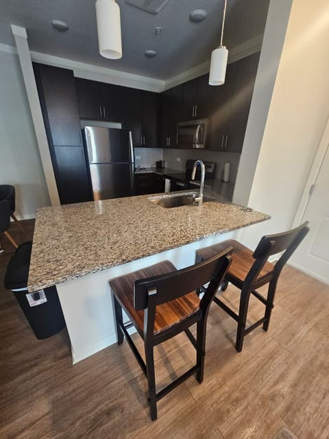 Modern kitchen featuring a granite island, premium stainless-steel appliances, and bar seating.