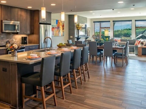 Main living space- living, dining, fireplace, sofa bed and bathroom attached to the Main Bed and Bathroom.