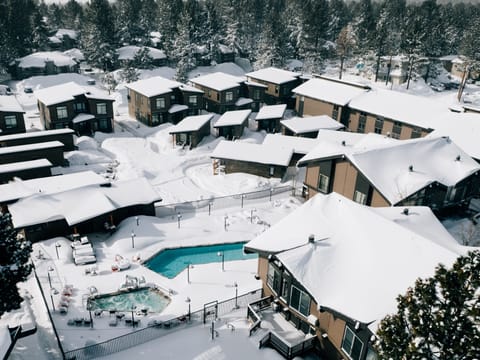 Picture cozy winter stays with steaming water and snowy pines.