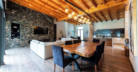 Living room, dining area and fully equipped kitchen