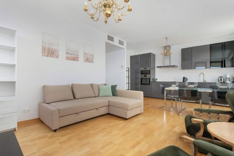 A combined living and kitchen area with a sofa and modern kitchen appliances. The space is open and well-lit, perfect for socializing and cooking.