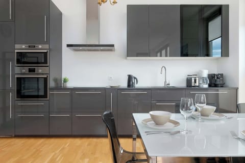 A sleek kitchen with dark cabinetry, built-in oven, and a clean, modern design. The open layout connects the cooking area with the rest of the apartment.