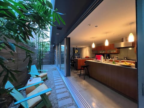 Kitchen & side yard, glass walls roll open