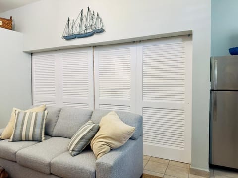 View of the living room with doors closed. 