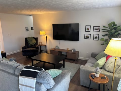 Comfortable living room with lots of seating and a big TV.