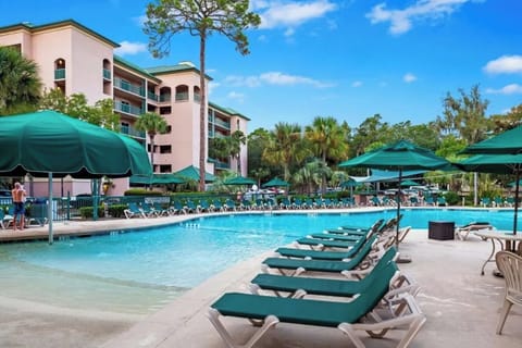 Unwind poolside on cushioned loungers beneath breezy umbrellas.