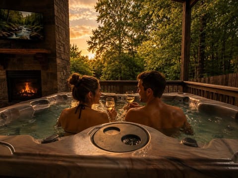 Private covered deck with hot tub surrounded by peaceful pine forest