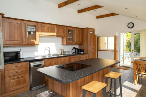 Kitchen with electric oven, microwave, island with hob and doors leading to the patio
