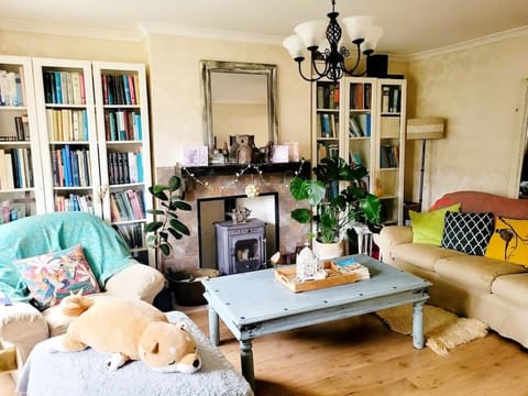 Cosy living room with wood burner, comfy sofa, and plenty of books! 