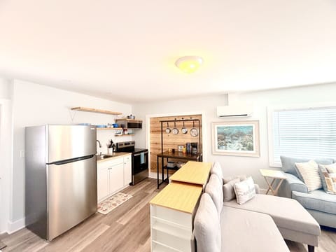 Open concept living, dining, kitchen area. Couch provides additional sleeping for 1.