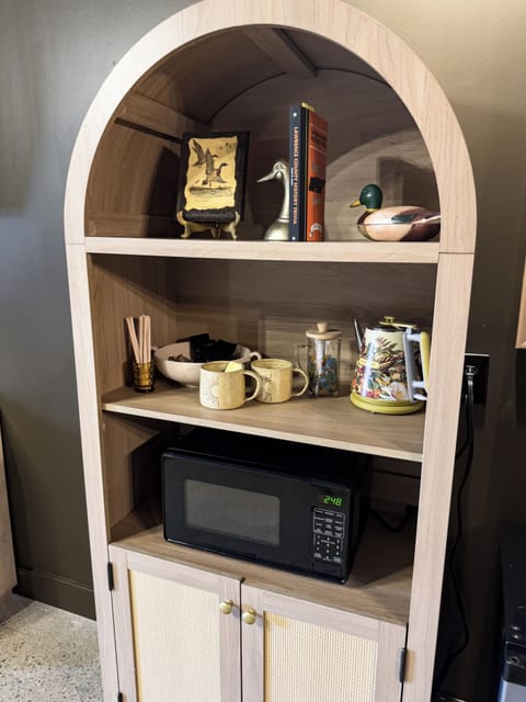 Microwave, french press, hot water kettle, local coffee and tea